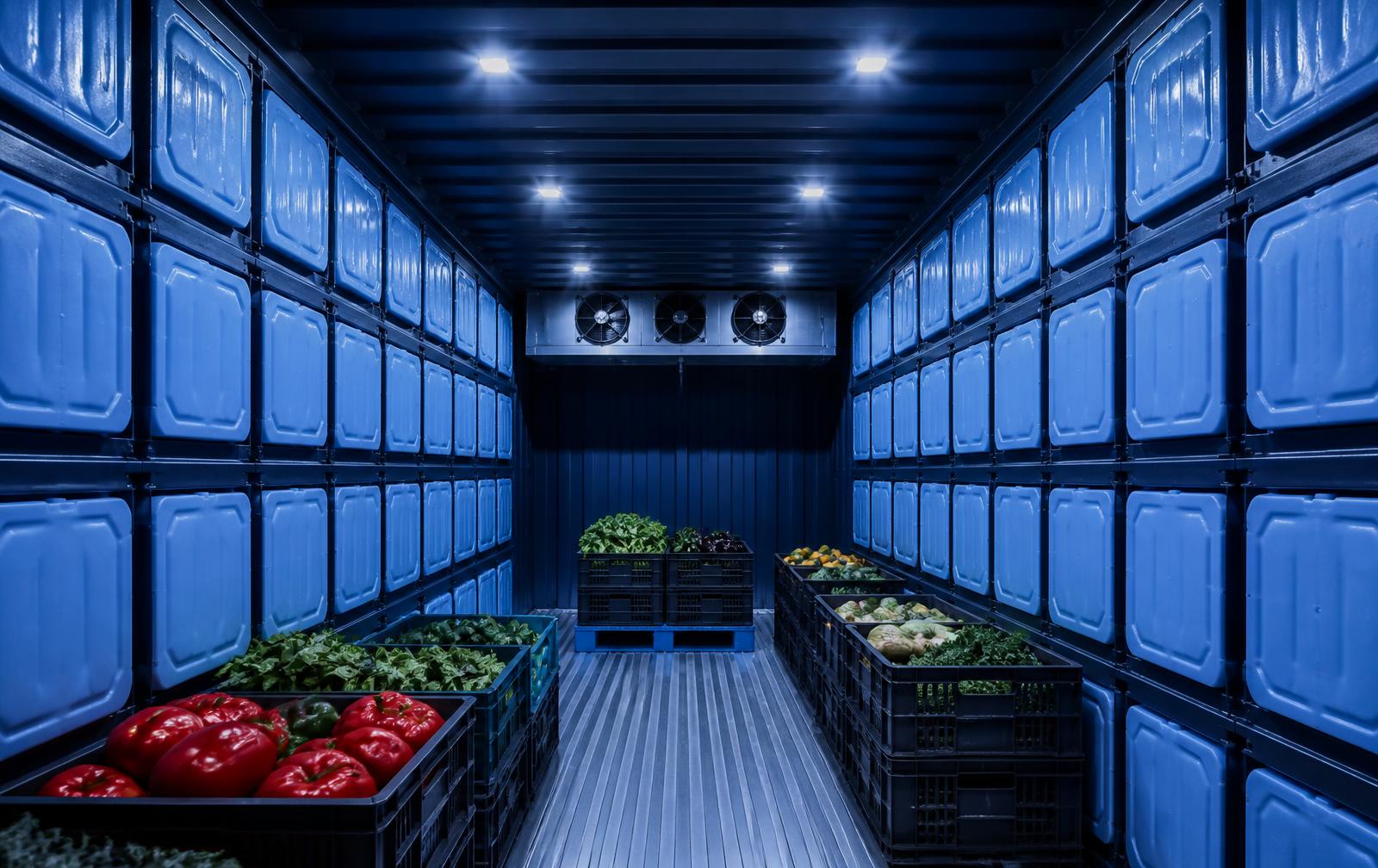 Insulated cold storage lined with modular thermal panels and crates of produce