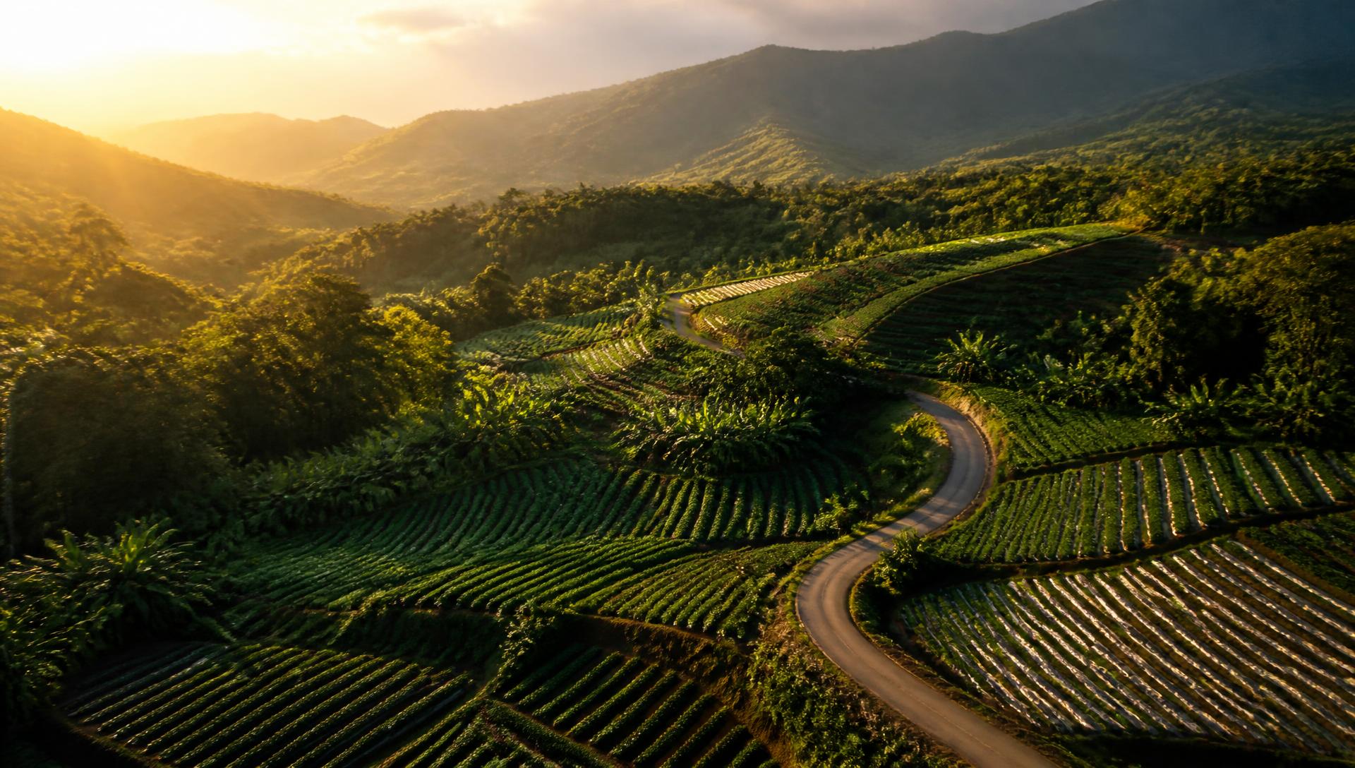 Aerial view of terraced farmland at golden hour