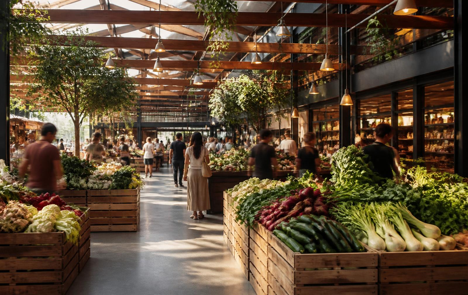 Fresh produce market hall with wooden crates of vegetables